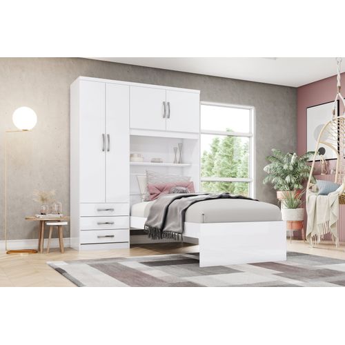 Roupeiro 4 Portas e 3 Gavetas com Cama de Solteiro Juvenil - Branco