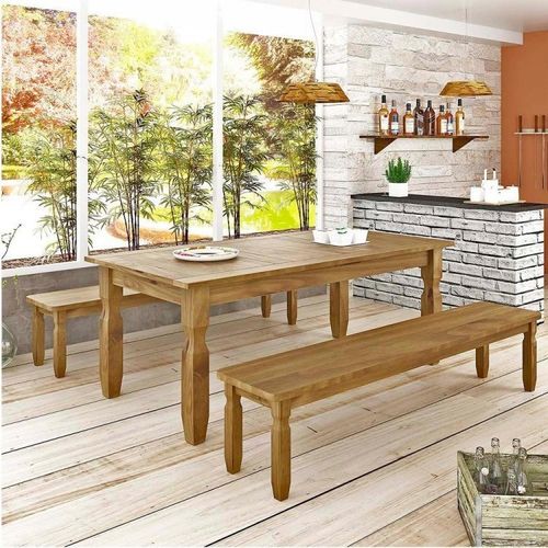 Conjunto Mesa 1,82m e 2 Bancos Rústico Corona - Ideal P/ Area Externa - Madeira Maciça