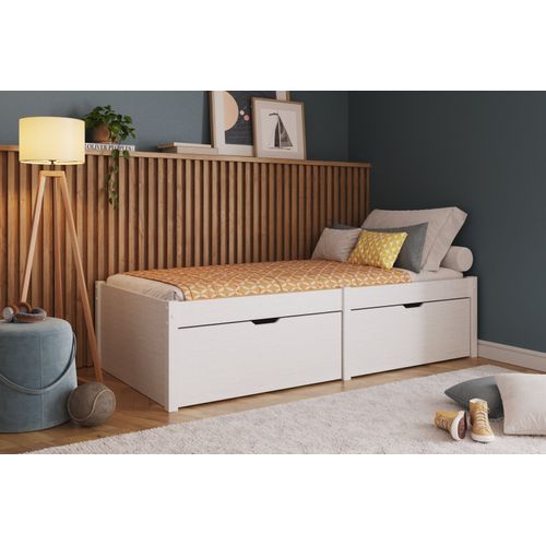 Cama Solteiro Diamond com 2 Gavetões Madeira Maciça Branco Lavado
