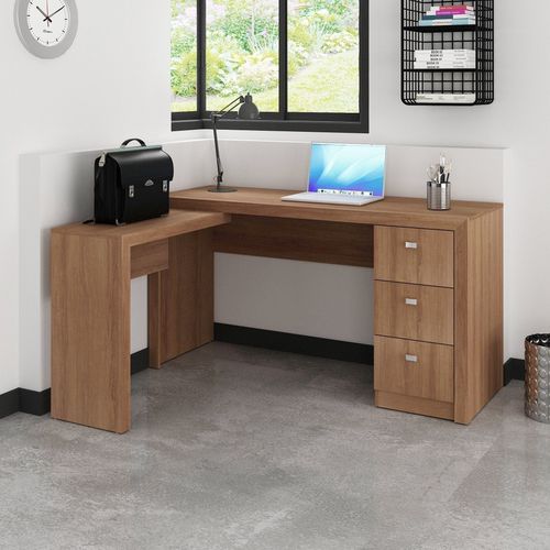 Escrivaninha Mesa Escritório em L com Me4101 3 Gavetas 136cm Amendoa Amendoa
