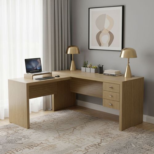 Escrivaninha Mesa Escritório em L com ME4106 3 Gavetas 154,8cm Marrom Amendoa