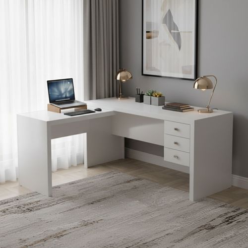Mesa de Escritório em L com 3 Gavetas - Branco