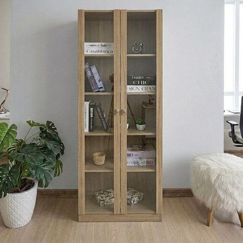 Armário para Escritório com 2 Portas de Vidro e 5 Prateleiras ME4115 Marrom Amendoa