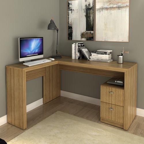 Mesa de Escritório em L 2 Gavetas - Amêndoa