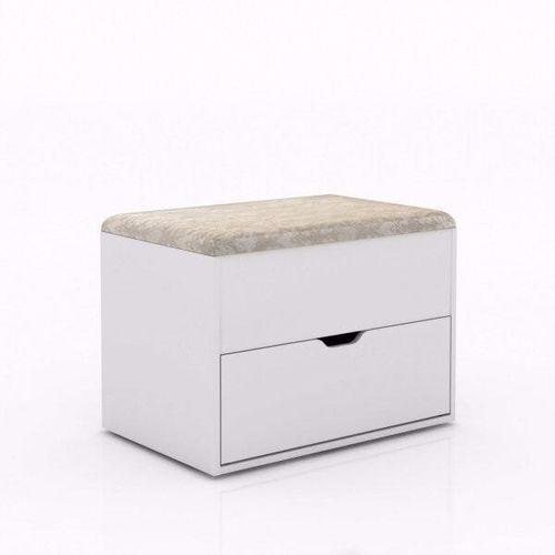 Puff Baú com 1 Gaveta - Branco/ Tecido Bege