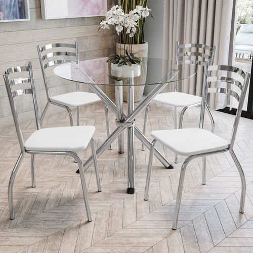Conjunto Mesa Redonda de Vidro e 4 Cadeiras Portugal Kappesberg - Cromado/Branco