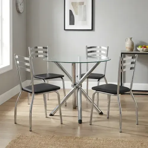 Conjunto Mesa 4 Cadeiras Estofadas em Aço para Sala de Jantar com Tampo Vidro Redondo Crome Cromado