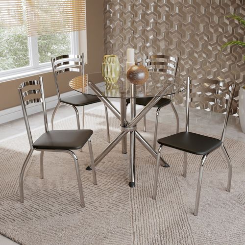 Conjunto Mesa Redonda de Vidro e 4 Cadeiras Portugal Kappesberg - Cromado/Preto