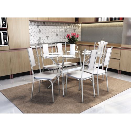 Conjunto Mesa Loire de Vidro e 6 Cadeiras Lisboa Kappesberg - Cromado/Branco