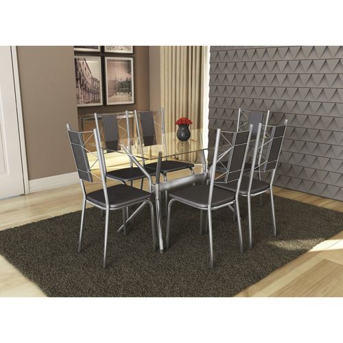 Conjunto Mesa Loire de Vidro e 6 Cadeiras Lisboa Kappesberg - Cromado/Preto