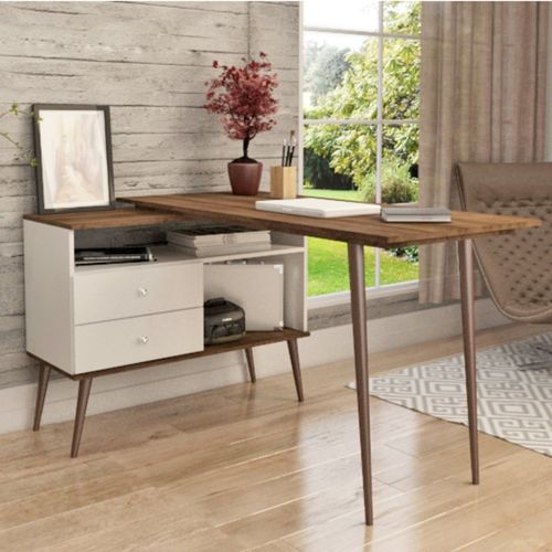 Mesa para Escritório em L com Pés Retrô - Branco/Rústico