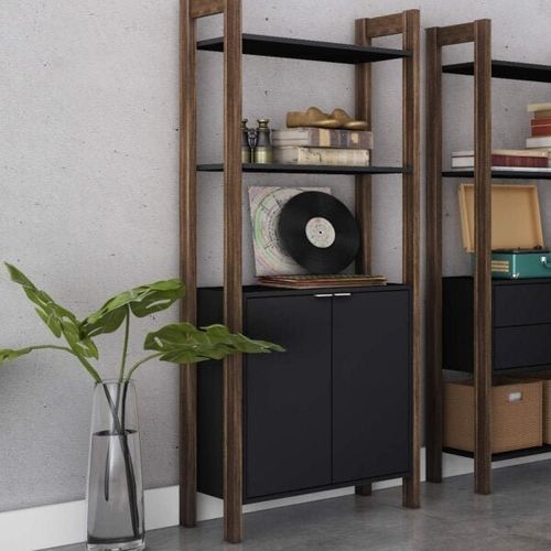 Armário Alto Multiuso com 2 Portas e 5 Prateleiras - Preto/Nogal