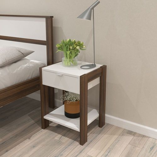 Mesa de Cabeceira com 1 Gaveta e 1 Tomada Bivolt - Branco/Nogal