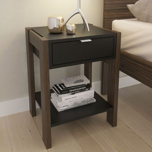 Mesa de Cabeceira com 1 Gaveta e 1 Tomada Bivolt - Preto/Nogal