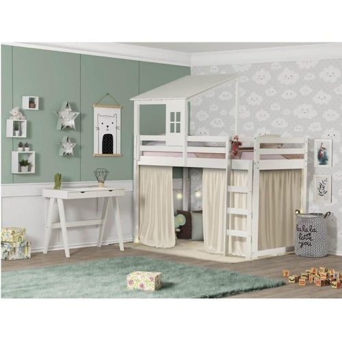 Cama infantil Prime Alta II com Telhado II e Tenda Branco/Creme - Casatema