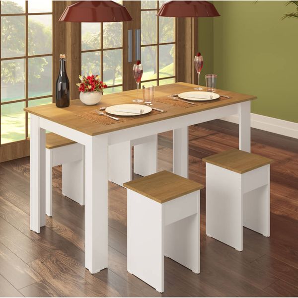 Conjunto Mesa 135cm com 4 Banquetas - Branco/Amadeirado