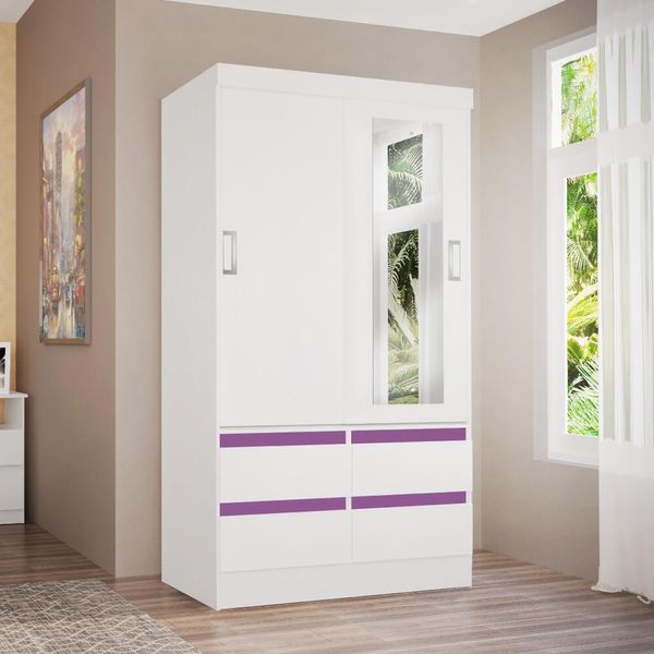 Roupeiro 2 Portas de Correr 4 Gavetas Arezzo Flex - Branco/Lilás