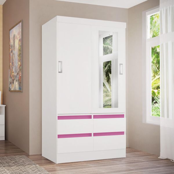 Roupeiro 2 Portas de Correr 4 Gavetas Arezzo Flex - Branco/Rosa