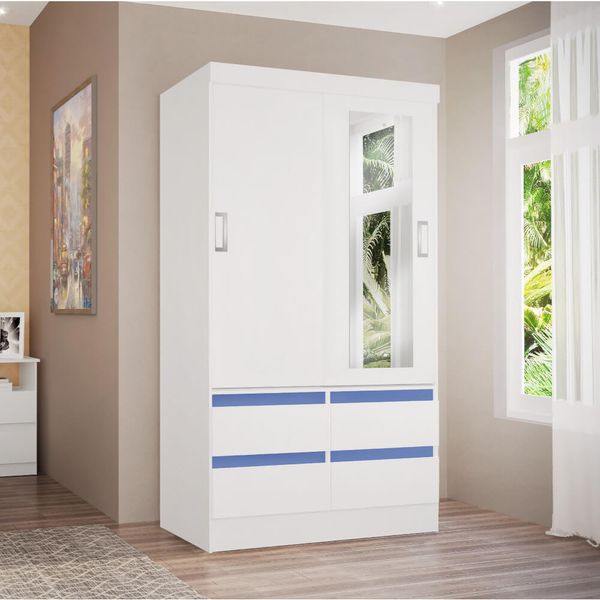 Roupeiro 2 Portas de Correr 4 Gavetas Arezzo Flex - Branco/Azul