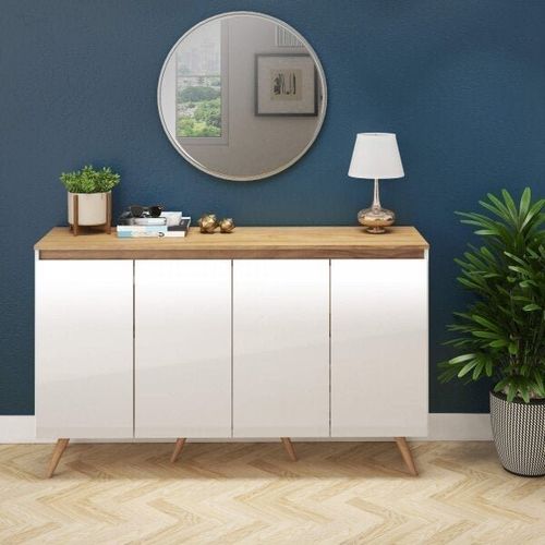 Buffet Retrô 4 Portas com Divisória Interna - Branco/Nogal
