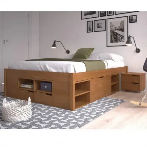 Cama de Casal Multifuncional Charme com Mesa de Cabeceira - Amêndoa