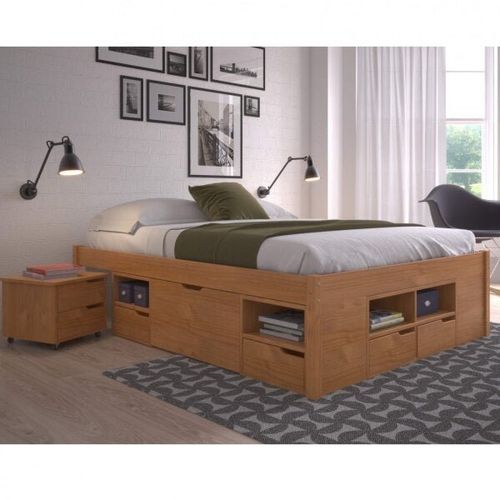 Cama Queen Multifuncional Charme com Mesa de Cabeceira - Amêndoa