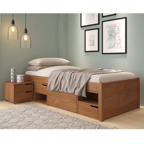 Cama Solteiro com 3 Gavetas e 1 Mesa de Cabeceira Charme Amendoa