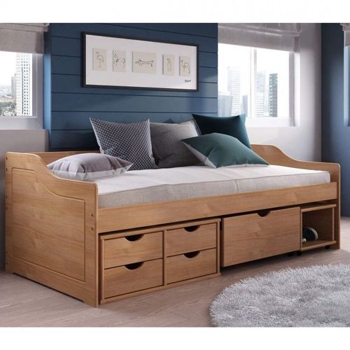 Cama Solteiro 4 Gavetas e Nicho Madeira Maciça Floro Marrom/Amêndoa Amendoa