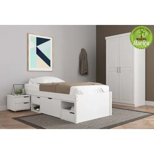 Cama Solteiro com 3 Gavetas e 1 Mesa de Cabeceira Charme Branco Lavado