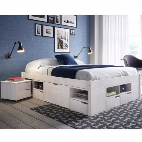 Cama Queen Multifuncional Charme Mesa de Cabeceira, Nichos e Gavetas - Branco Lavado