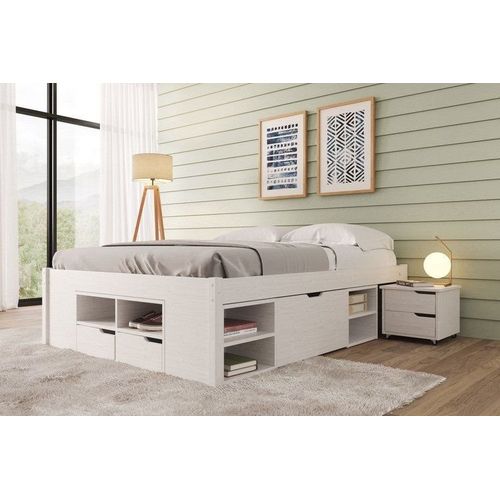Cama Casal Multifuncional Madeira Maciça 6 Gavetas Charme Branco/Lavado Branco Lavado
