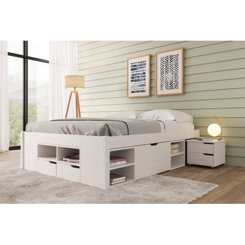 Cama Casal Multifuncional Madeira Maciça 6 Gavetas Charme Branco Lavado