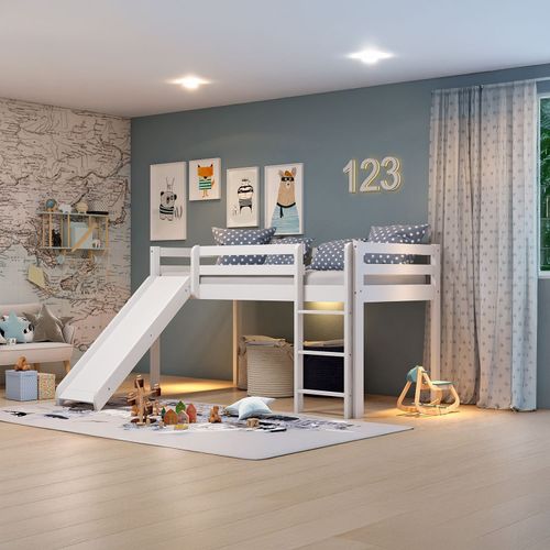 Cama Alta Infantil com Escorregador em Madeira Maciça/MDF Branco