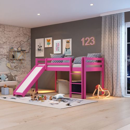 Cama Alta Kids com Escorregador em Madeira Maciça/MDF Rosa - Cama Alta Kids com Escorregador em Madeira Maciça - Rosa