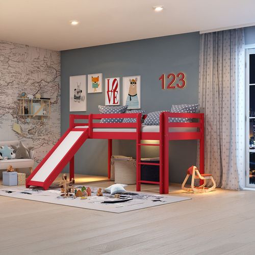 Cama Alta Infantil com Escorregador em Madeira Maciça/MDF Vermelho