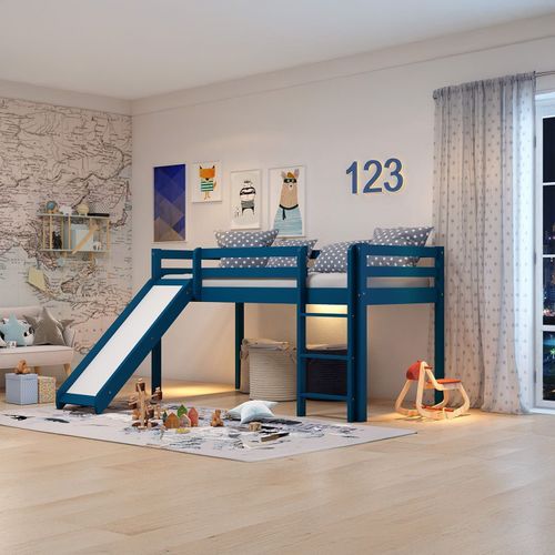 Cama Alta Infantil com Escorregador em Madeira Maciça/MDF Azul Azul