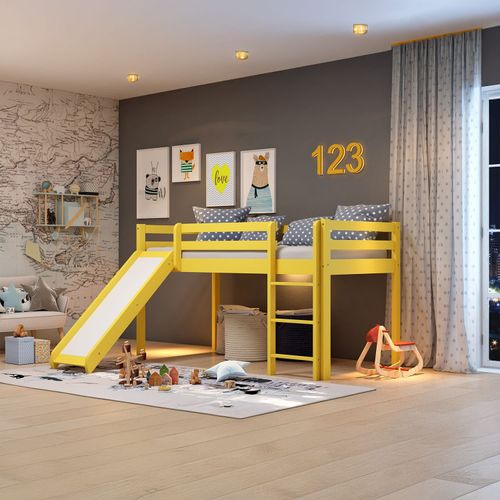 Cama Alta Infantil com Escorregador em Madeira Maciça/MDF Amarelo