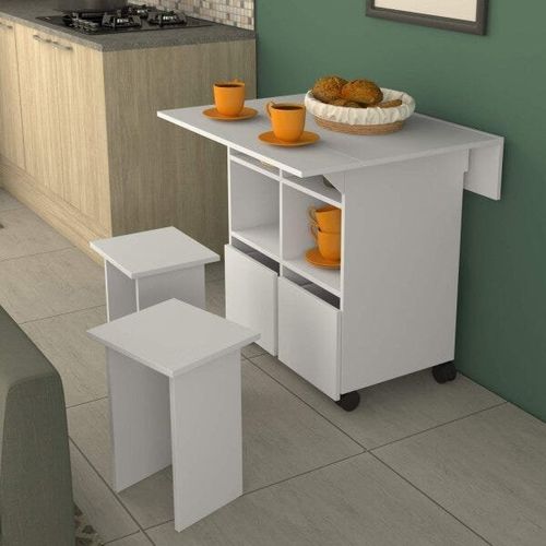 Conjunto de Mesa com Tampo Dobrável e Bancos - Branco
