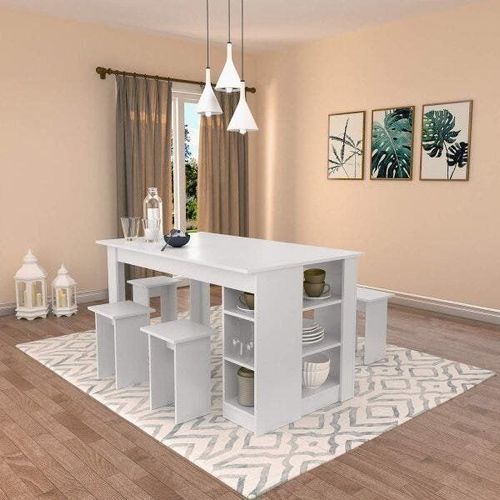 Conjunto Mesa com Nichos e 4 Bancos Branco Branco