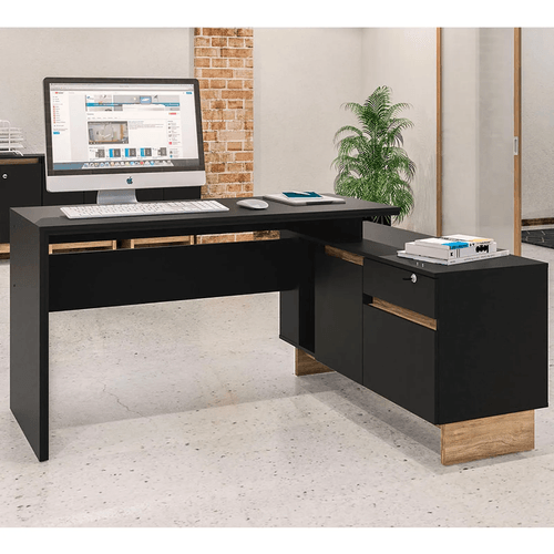 Mesa de Escritório em L Los Angeles 2 Gavetas-Preto/Carvalho