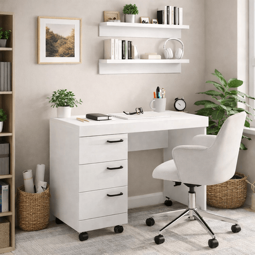 Escrivaninha Osaka com 3 Gavetas e Rodízios - Branco