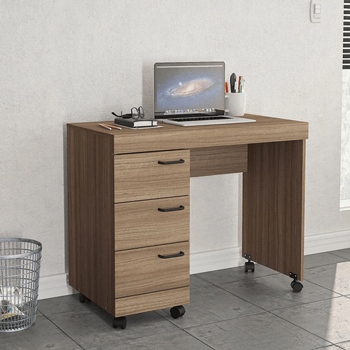 Escrivaninha Osaka com 3 Gavetas e Rodízios - Castanho