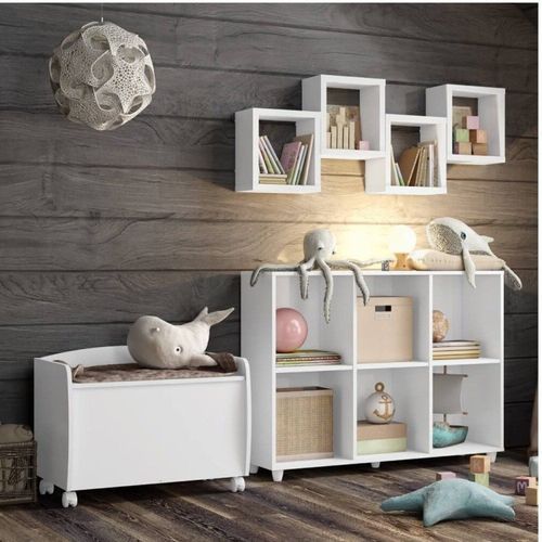 Conjunto Quarto Infantil 1 Baú 1 Armário Organizador 4 Nichos Suspensos Aquarela Branco