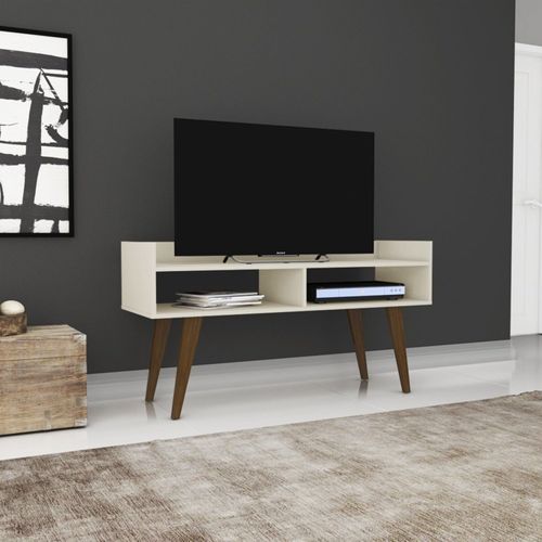 Rack para TV até 40 Polegadas 122cm Pés em Madeira Maciça Aparador Tvs 2 Nichos Rt 3113 Bege Off White Off White