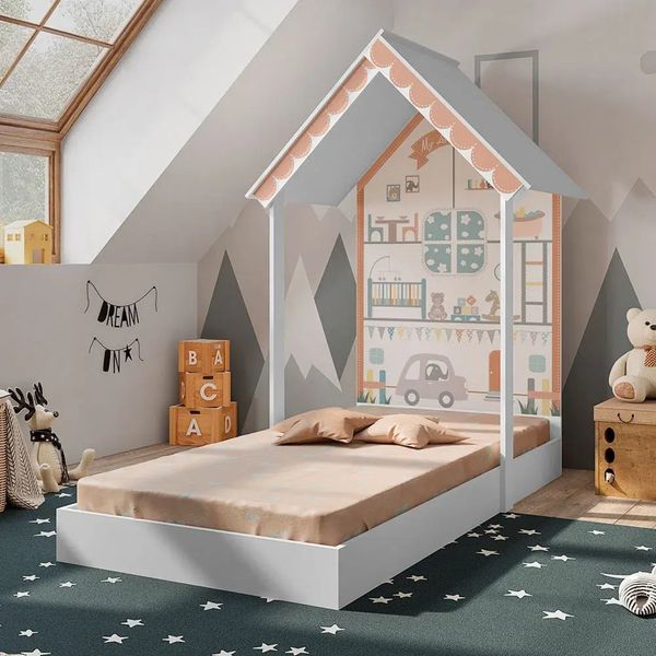 Mini Cama Casinha Montessoriana Home Branca Branco/Marrom Claro