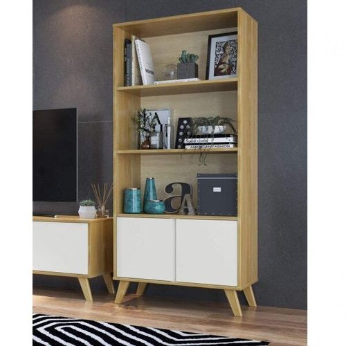 Estante Retrô com 2 Portas 80 cm Madeira Taeda/MDF - Carvalho/Branco