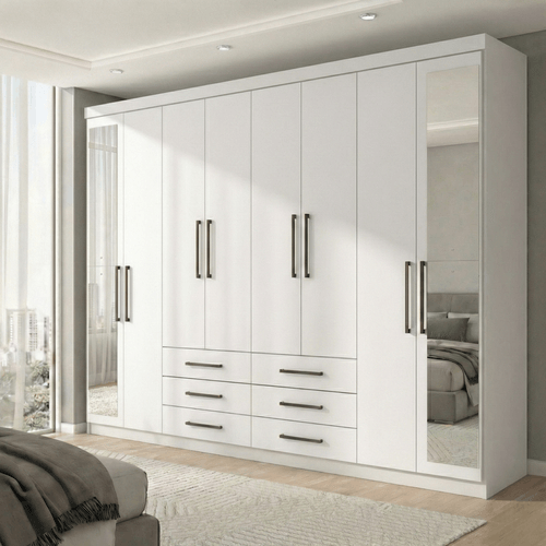 Guarda Roupa Casal com Espelhos 8 Portas e 6 Gavetas Master Branco