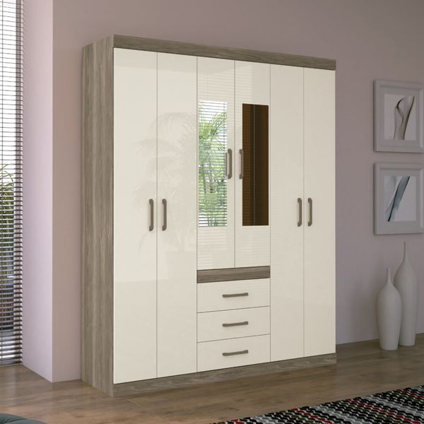 Guarda Roupa Star com 6 Portas e Espelho - Castanho/Off White
