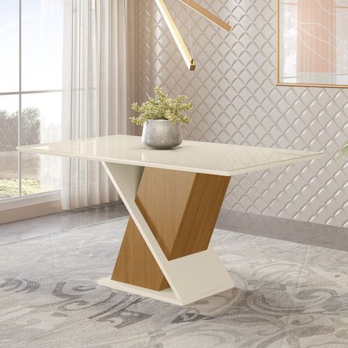 Mesa de Jantar com Tampo de Vidro 160cm Solus Móveis Branco/Nature/Off White Nature/Off White