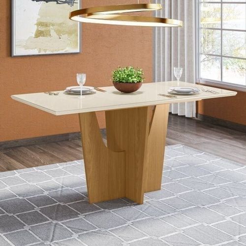 Mesa de Jantar com Tampo de Vidro 160cm Vértice Móveis Nature/Off White